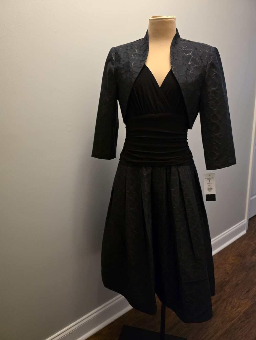 S. L. Fashions 2 PIECE Black Metallic Floral Brocade Dress & Bolero Jacket